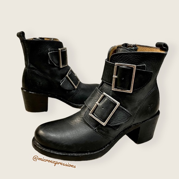 Frye Sabrina Double Buckle Vintage Academia Black Leather Block Heel Ankle Boot - Picture 9 of 16
